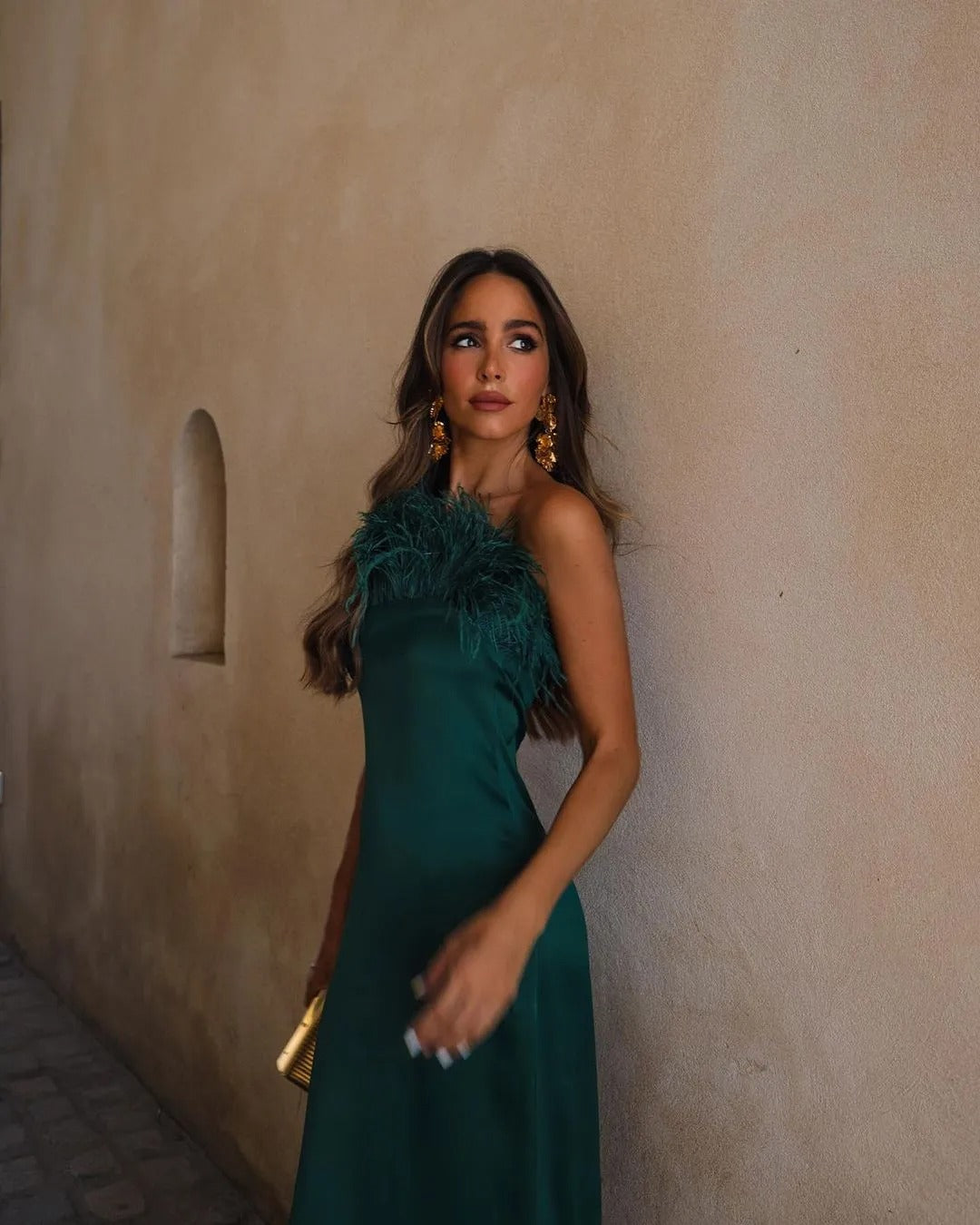 Glamorous Aura Emerald Green Feather Strapless Midi Dress