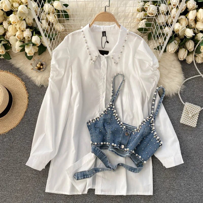 Pearl-fect Shirt and Denim Cropped Vest Set