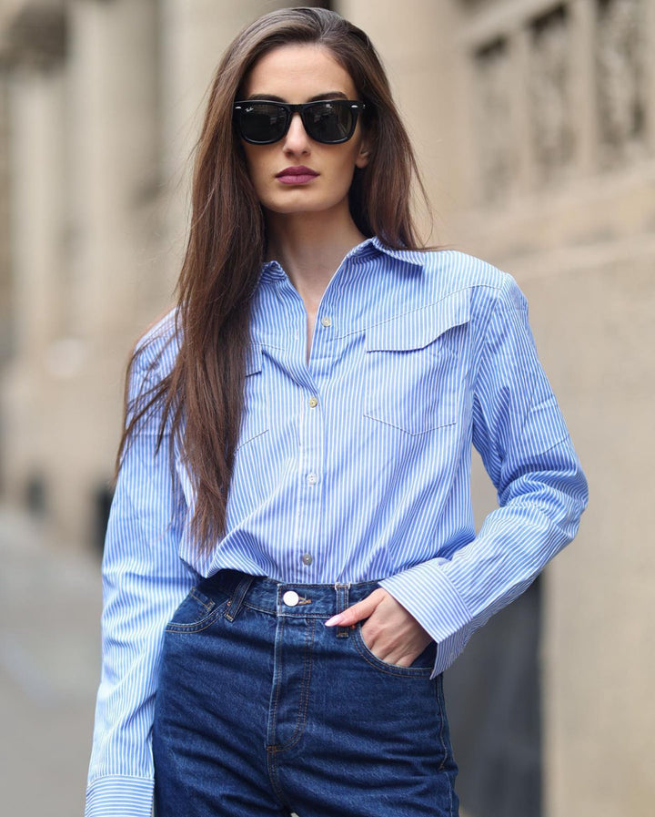 Refined Aesthetic Blue and White Striped Button Up Top