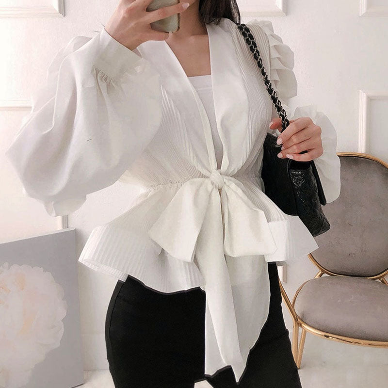 Sweet Victory Pleated Tie-Front Long Sleeves Top