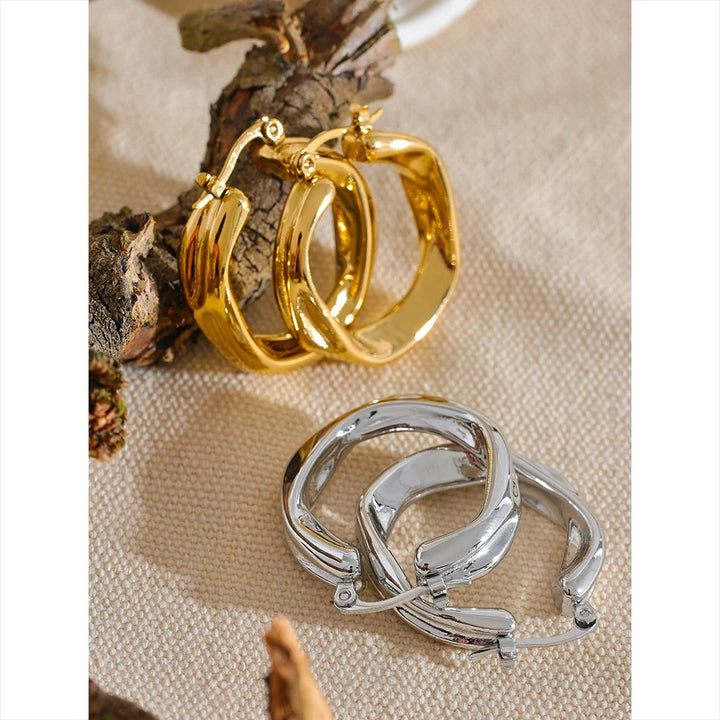 Aesthetic Gold Wavy Textured Hoop Earrings