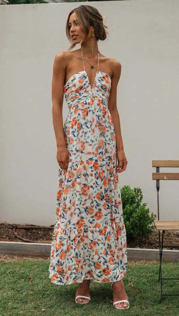 Effortlessly Abloom Ruched Halter Tiered Maxi Dress