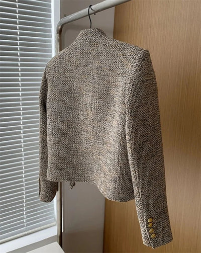 Stylish Tweed Stand Collar Cropped Jacket