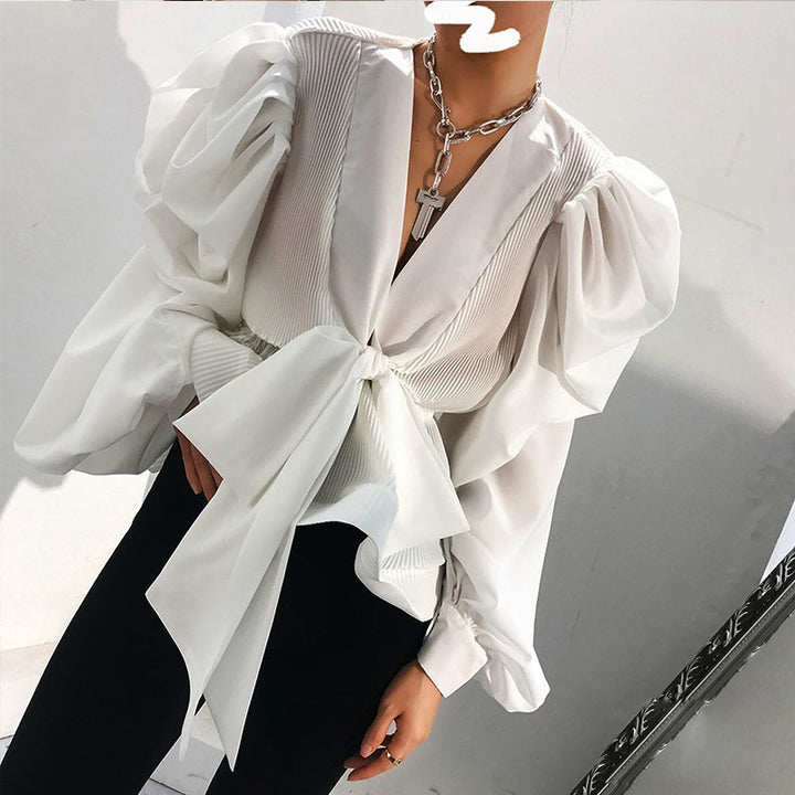 Sweet Victory Pleated Tie-Front Long Sleeves Top