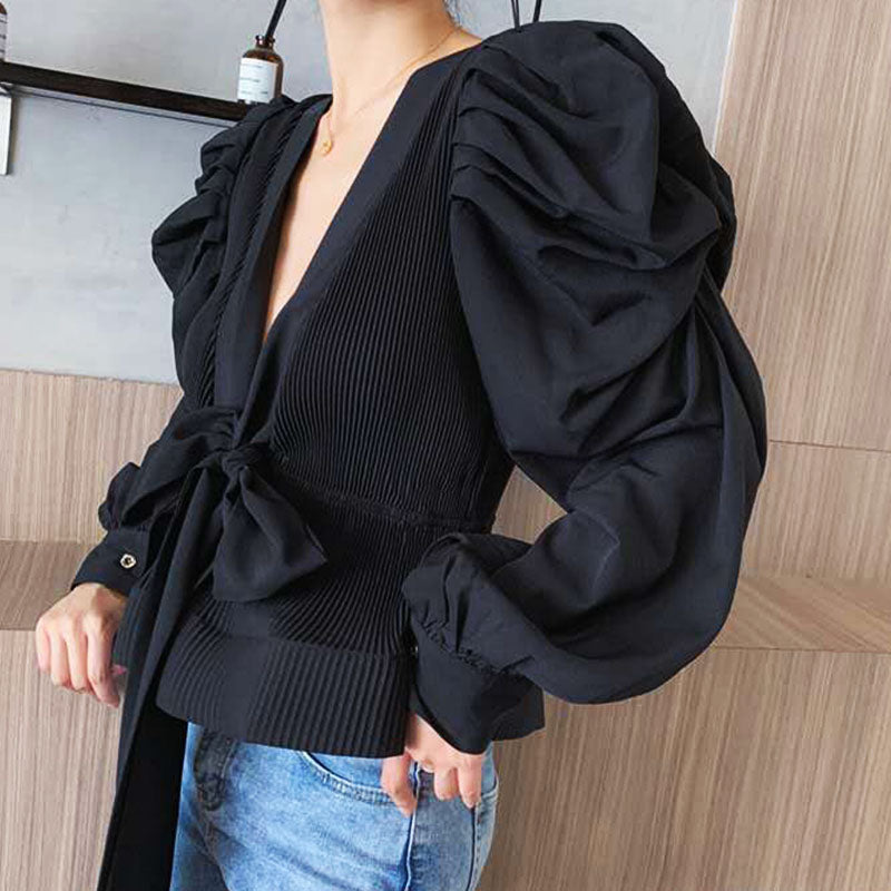 Sweet Victory Pleated Tie-Front Long Sleeves Top