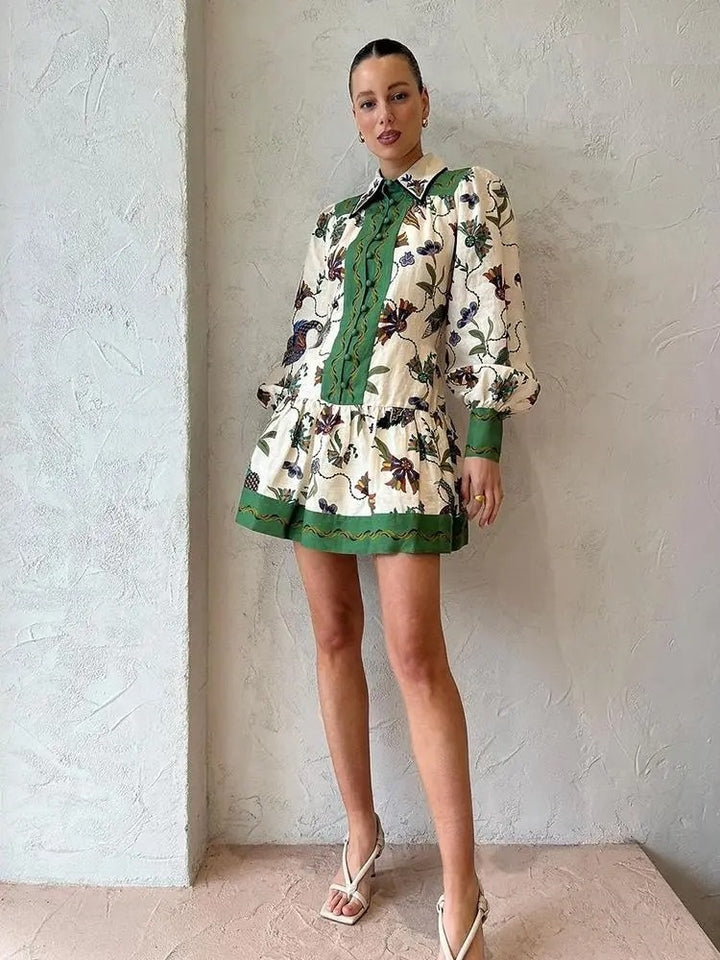 Zahara White and Green Floral Print Buttoned Mini Dress