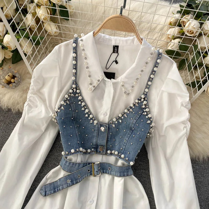 Pearl-fect Shirt and Denim Cropped Vest Set