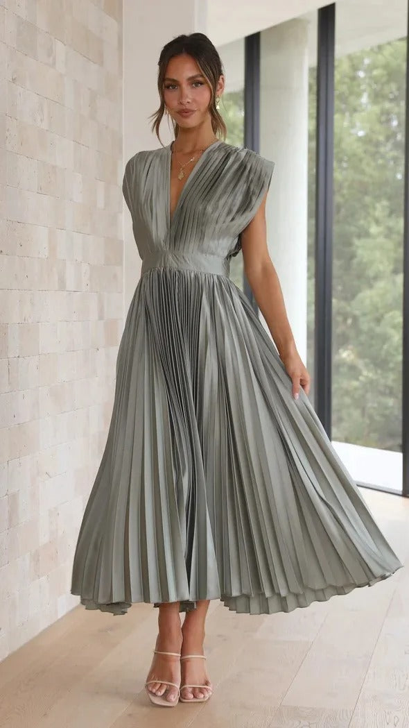 Radiant Affair V- Neck Pleated Long Dress