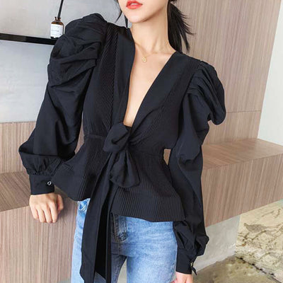 Sweet Victory Pleated Tie-Front Long Sleeves Top