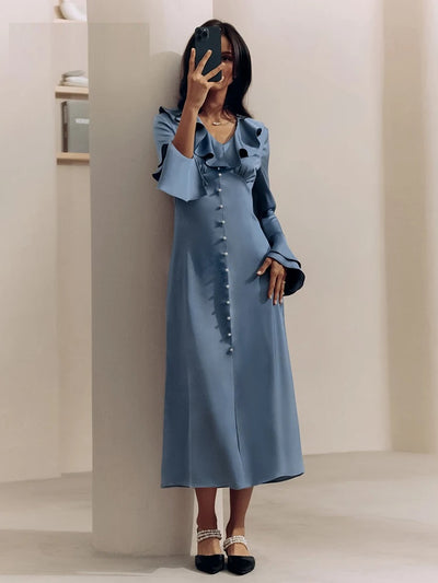 Elara Retro Blue Ruffles Midi Dress