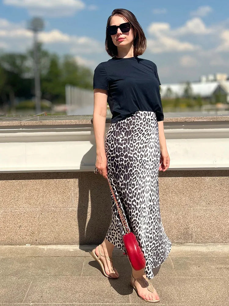 Lyles Leopard Print Satin Midi Skirt