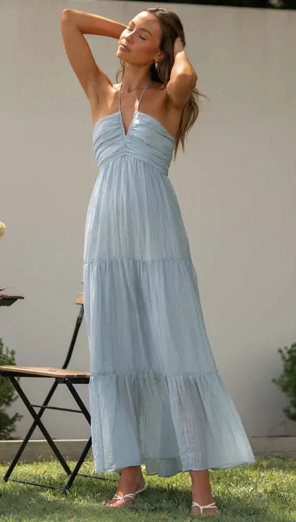 Effortlessly Abloom Ruched Halter Tiered Maxi Dress