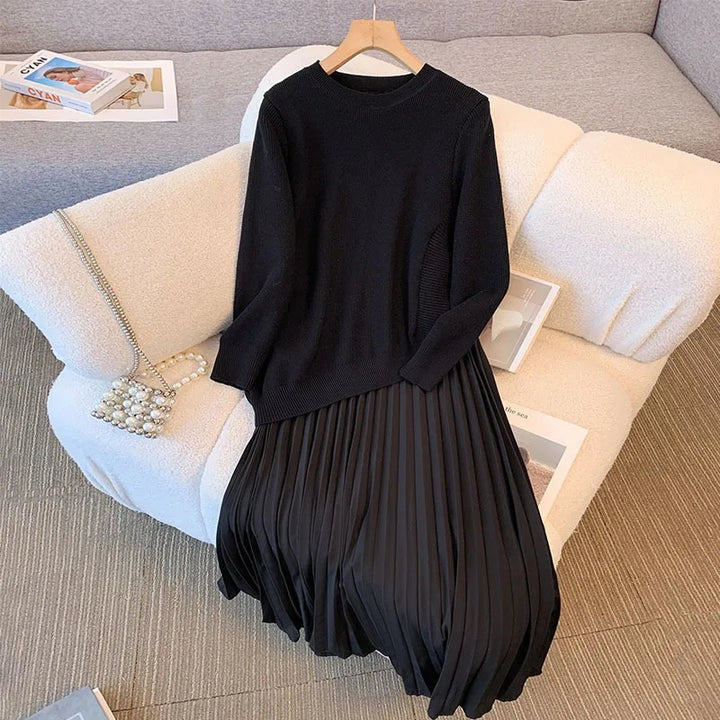 Autumn Allure Asymmetrical Knit Pleated Skirt Dress