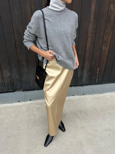 Irresistible Metallic PU Leather Pencil Midi Skirt