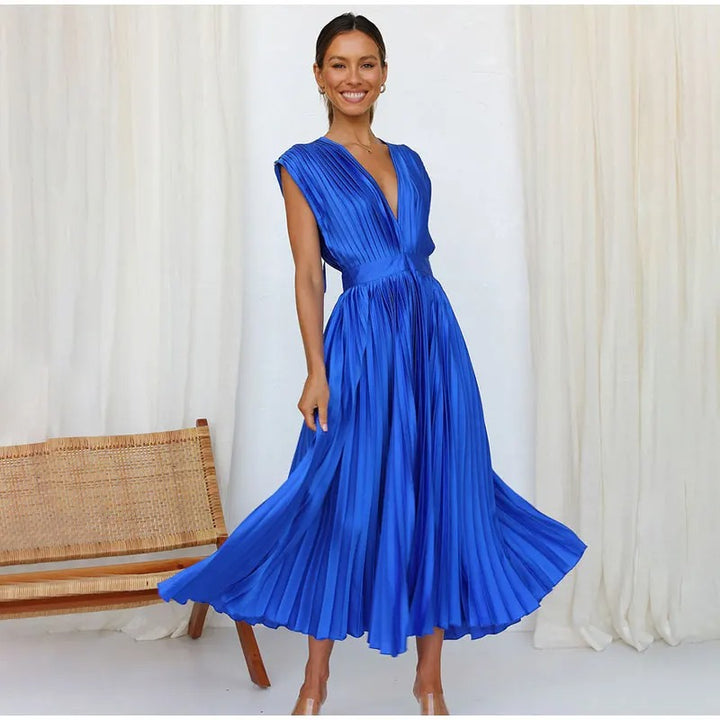 Radiant Affair V- Neck Pleated Long Dress