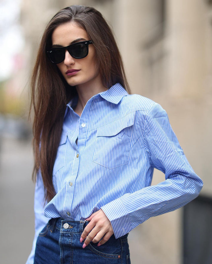 Refined Aesthetic Blue and White Striped Button Up Top