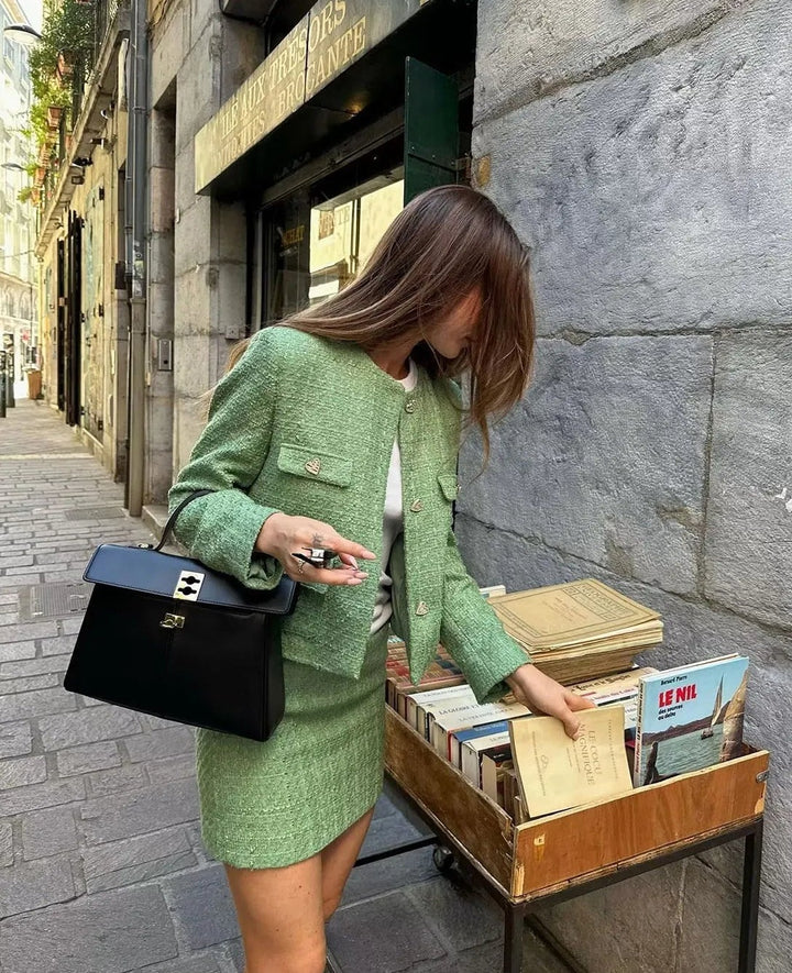 Vintage Tweed Lover Green Jacket and Skirt Set