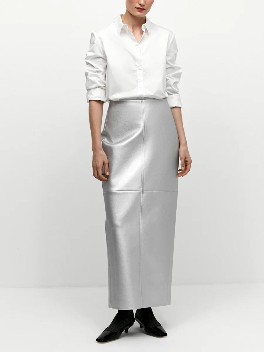 Irresistible Metallic PU Leather Pencil Midi Skirt