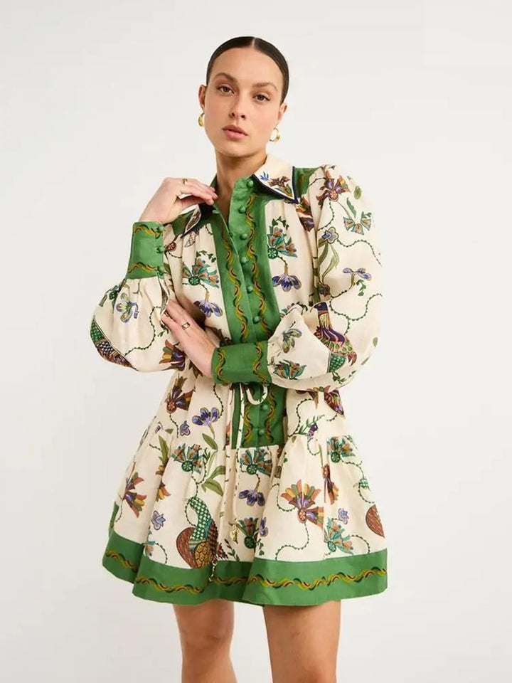 Zahara White and Green Floral Print Buttoned Mini Dress