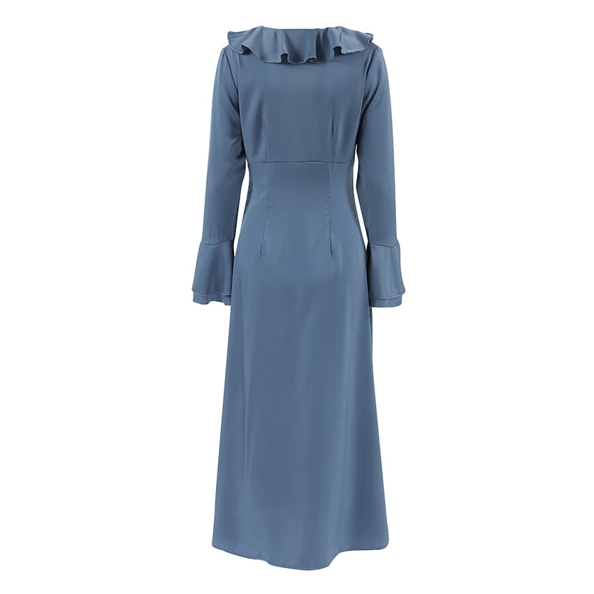 Elara Retro Blue Ruffles Midi Dress