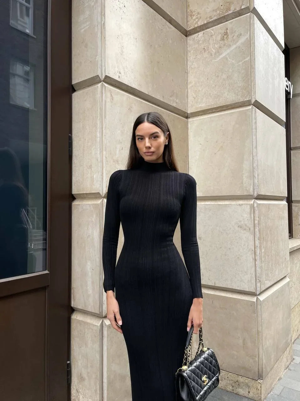 Ribbed Mock Neck Long Sleeve Bodycon Maxi Dress