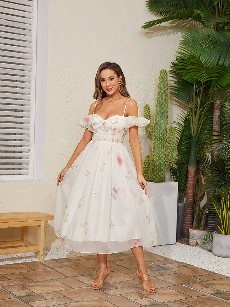 Sweet At Heart White Off shoulder Corset Chiffon Dress