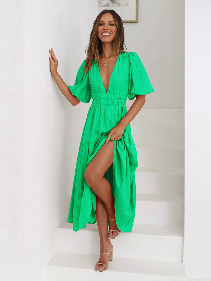 Grecian Getaway Balloon Sleeves Tiered Dress