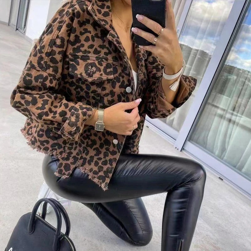 Rock It Out Brown and Black Leopard Print Denim Jacket