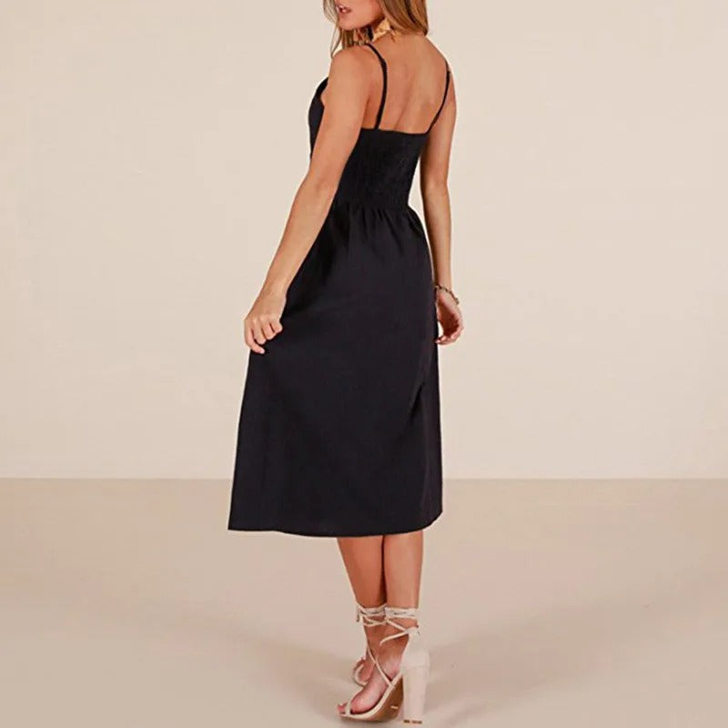 Darling Spaghetti Straps Midi Dress With Pockets