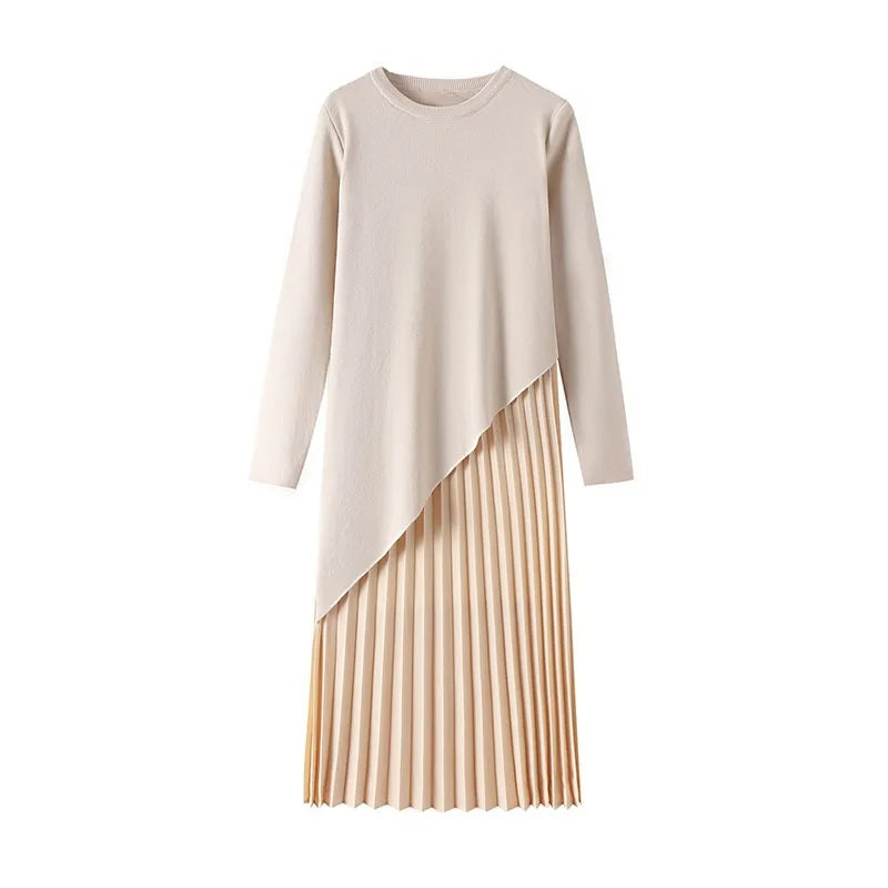 Autumn Allure Asymmetrical Knit Pleated Skirt Dress