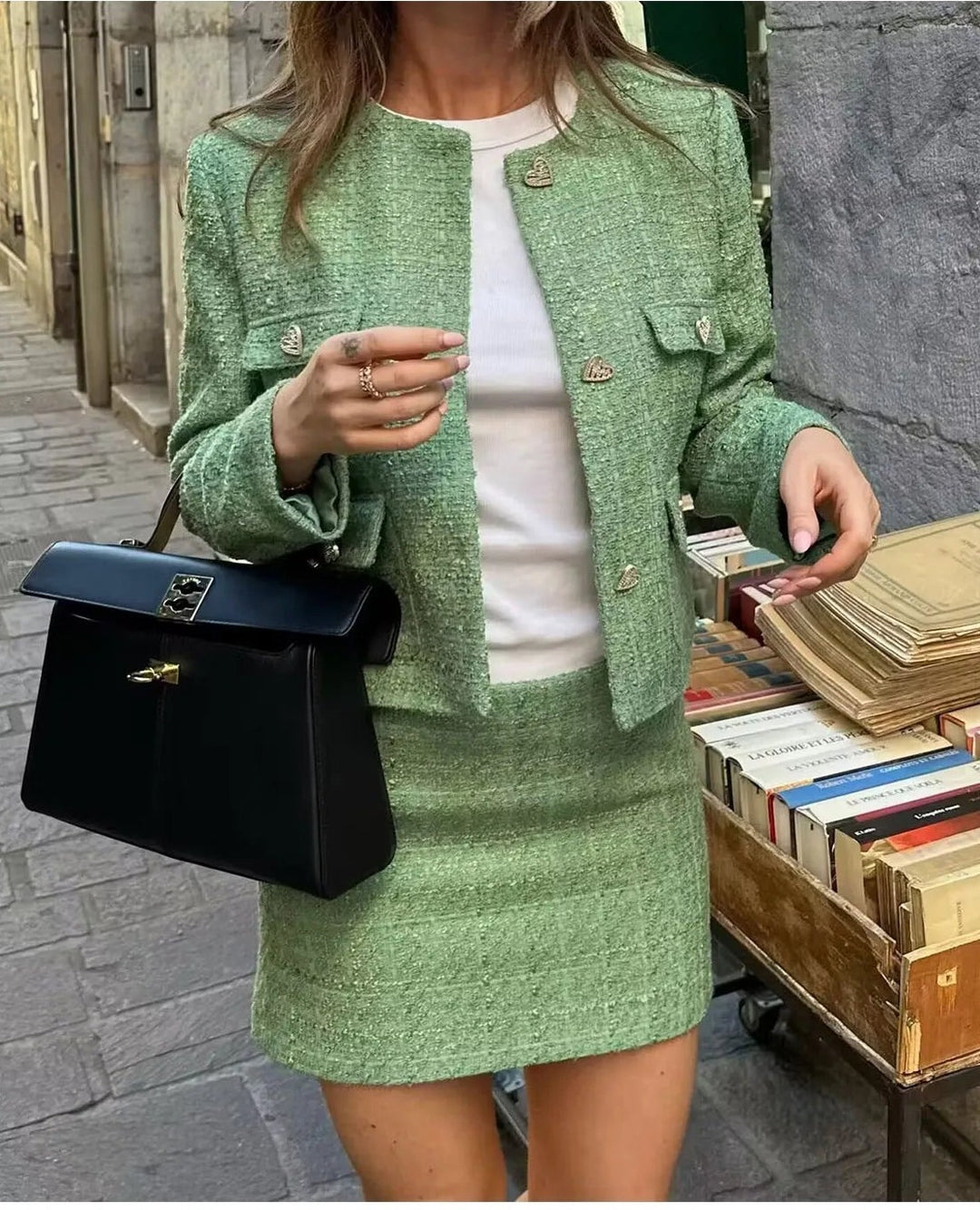 Vintage Tweed Lover Green Jacket and Skirt Set