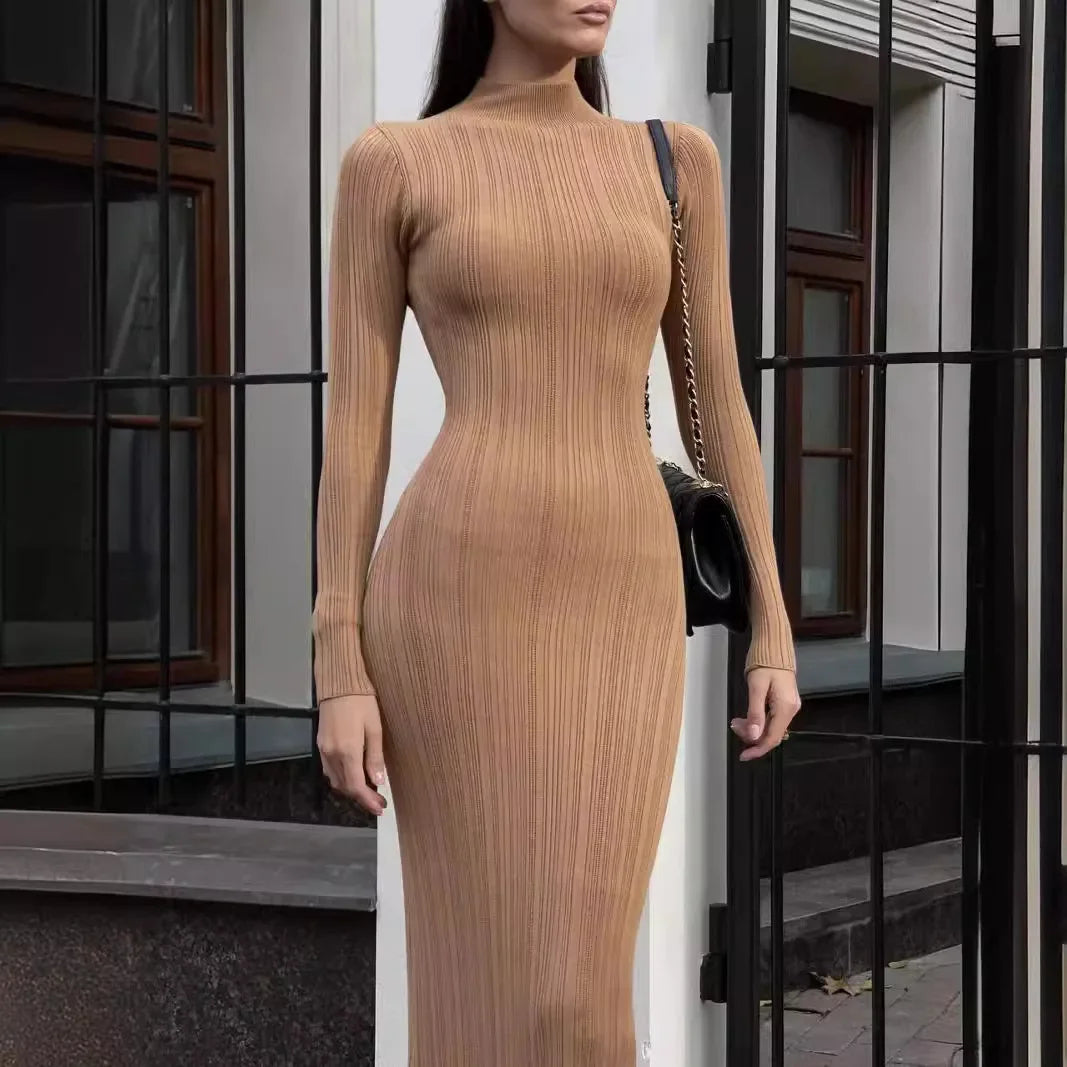 Ribbed Mock Neck Long Sleeve Bodycon Maxi Dress