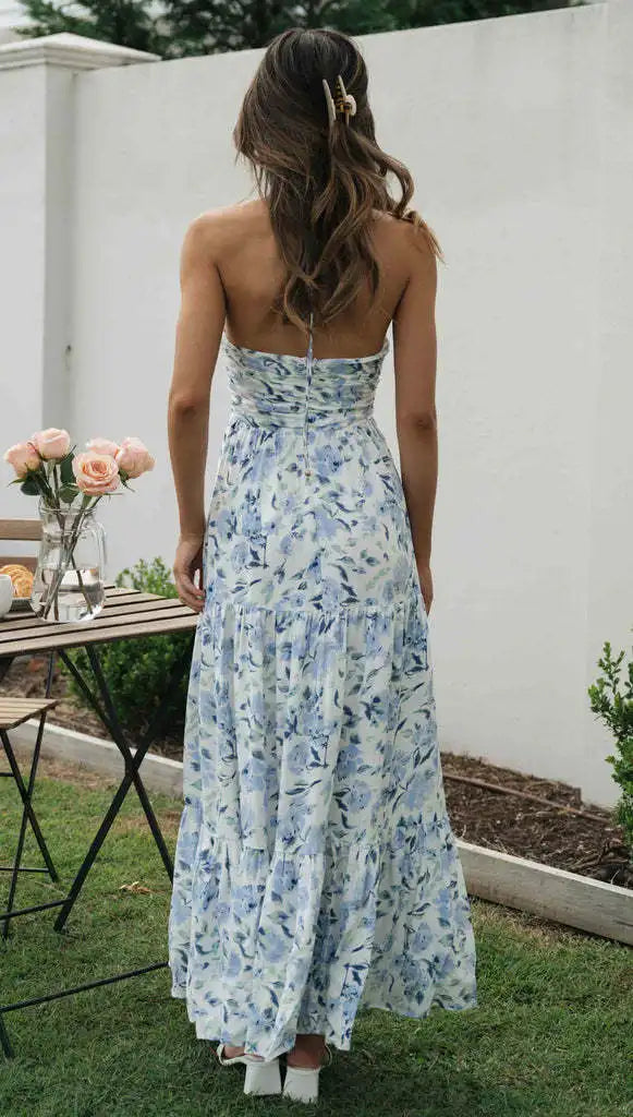 Effortlessly Abloom Ruched Halter Tiered Maxi Dress