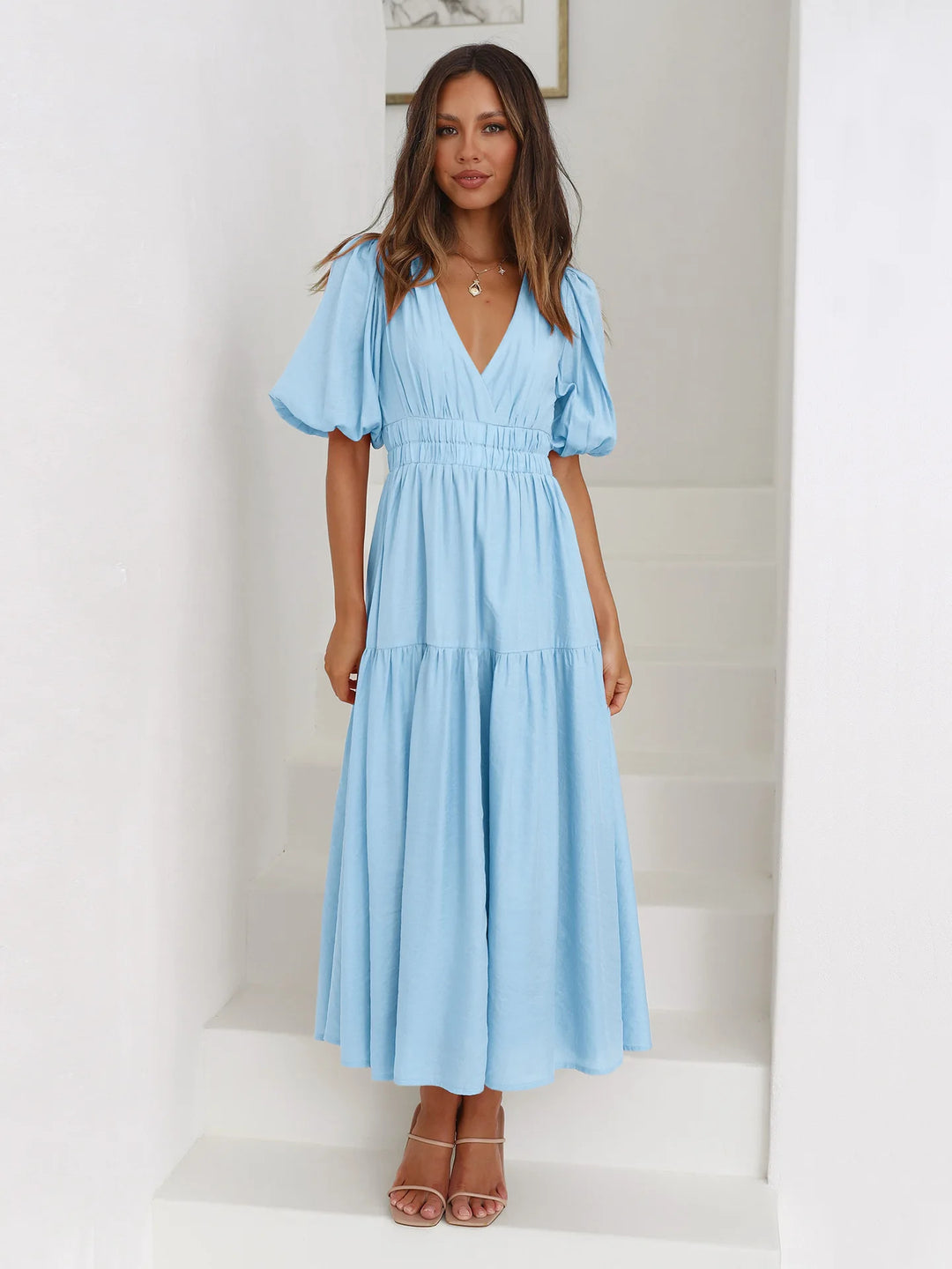 Grecian Getaway Balloon Sleeves Tiered Dress