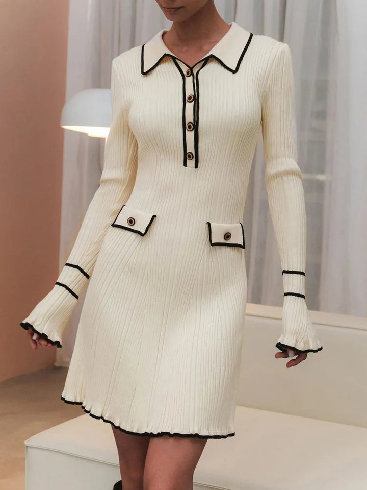 Vintage Look Knit Collared Buttoned Dress