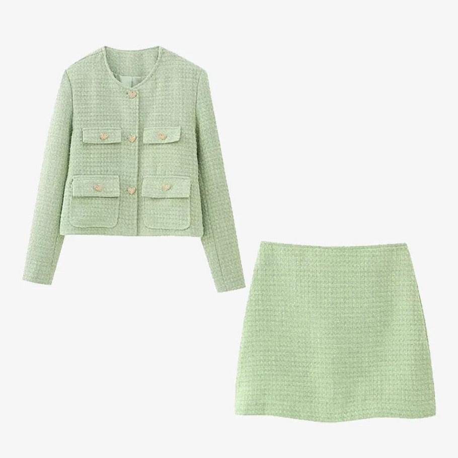 Vintage Tweed Lover Green Jacket and Skirt Set