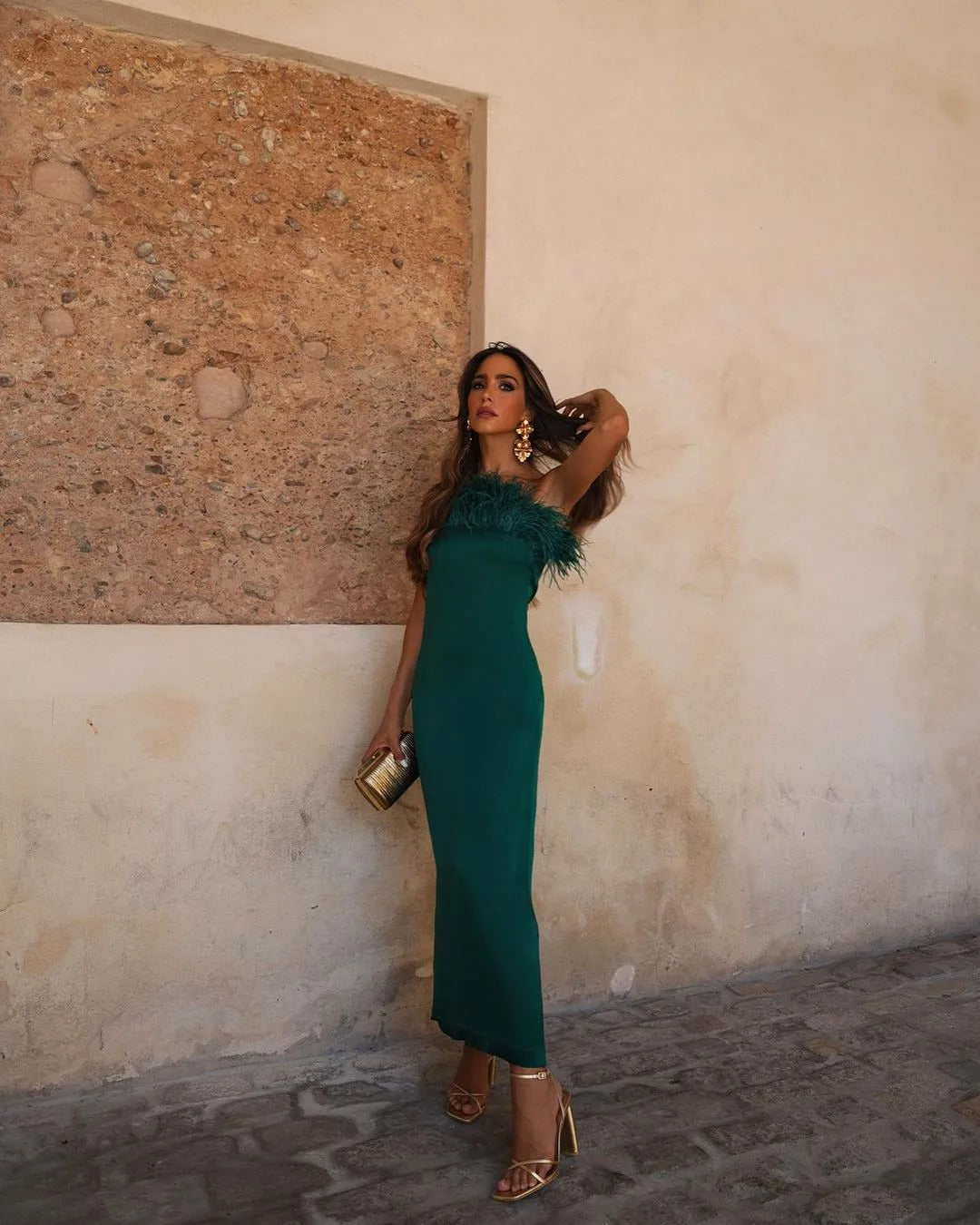 Glamorous Aura Emerald Green Feather Strapless Midi Dress