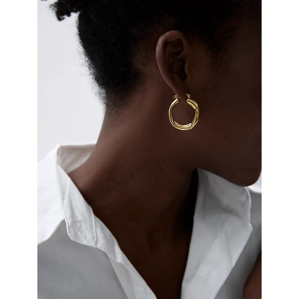 Aesthetic Gold Wavy Textured Hoop Earrings