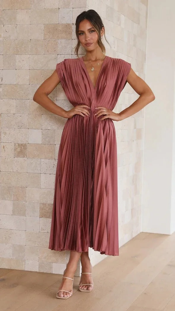 Radiant Affair V- Neck Pleated Long Dress