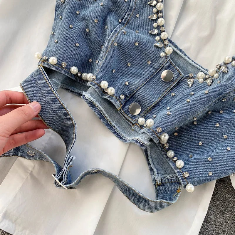 Pearl-fect Shirt and Denim Cropped Vest Set