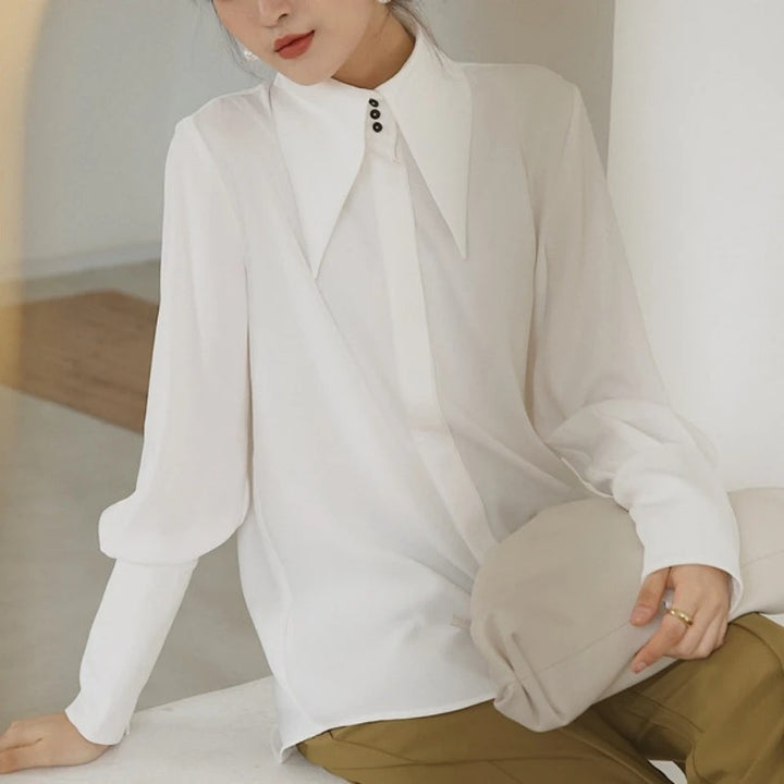 Polished Excellence Satin Collared Long Sleeve Top