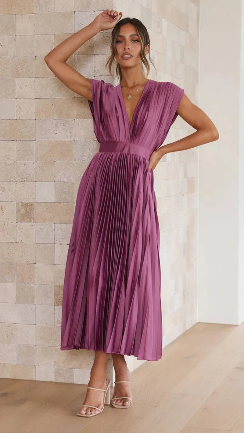 Radiant Affair V- Neck Pleated Long Dress