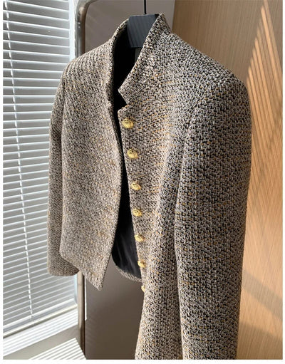 Stylish Tweed Stand Collar Cropped Jacket