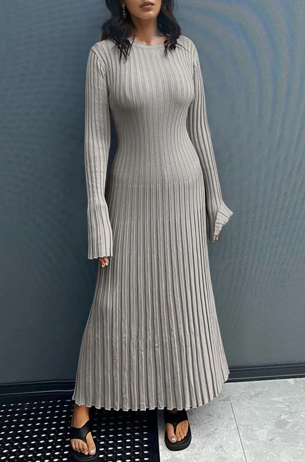 Comfy Aesthetic Ribbed Long Sleeve Maxi Sweater Dress