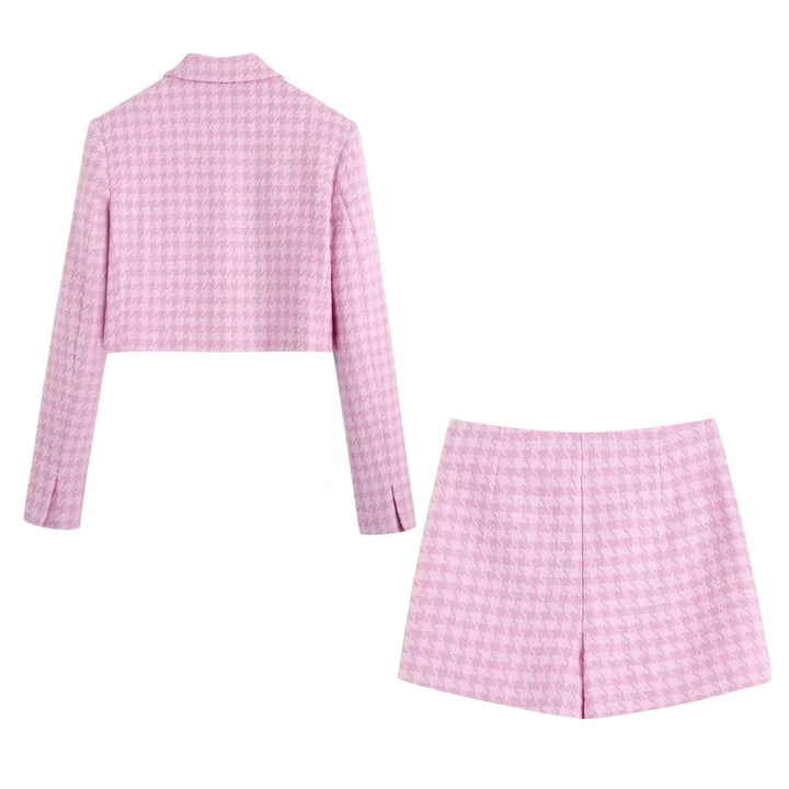 Suits me Pink Plaid Cropped Blazer and Skirt Set