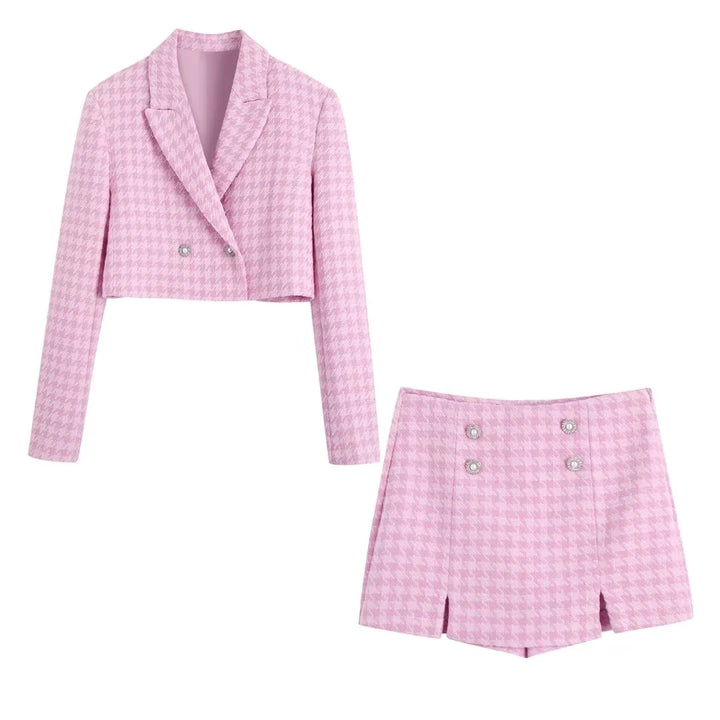 Suits me Pink Plaid Cropped Blazer and Skirt Set