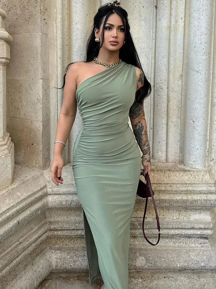 Leonor One-Shoulder Ruched Side Slit Maxi Dress