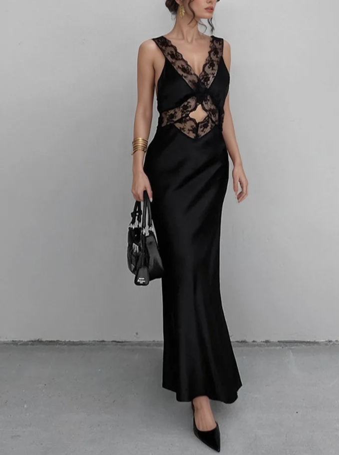 Bella Satin Black Lace Cutout Maxi Dress