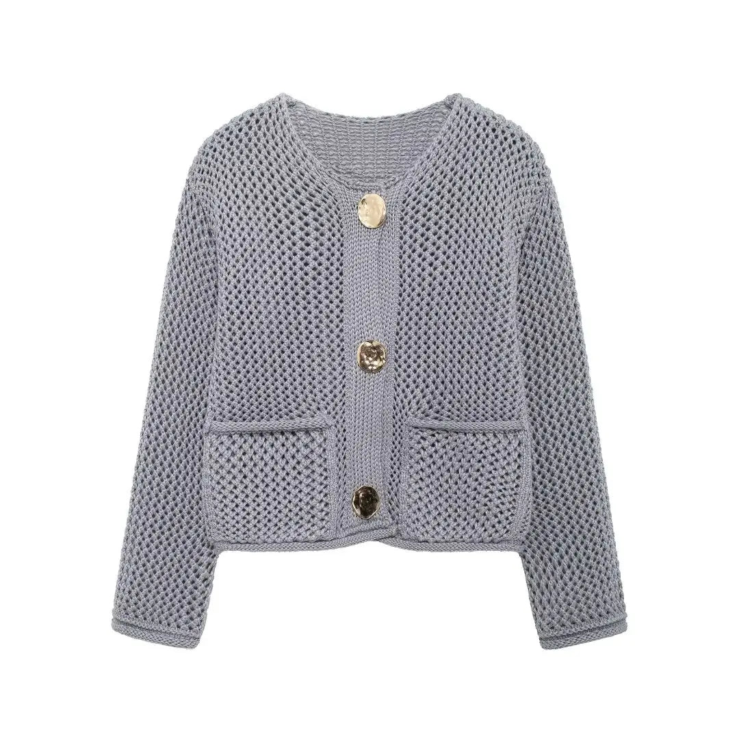 Mira Mesh Knit Buttoned Cropped Cardigan