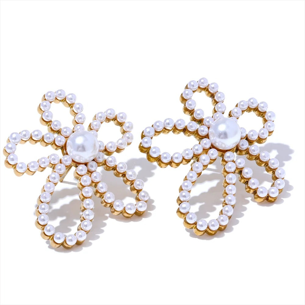 Pearl & Flower Gold Color Earrings